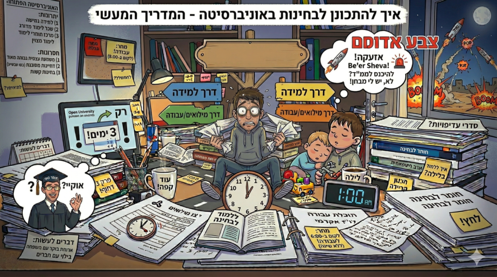 סטודנט מתכונן לבחינות באוניברסיטה הפתוחה עם לוח חזרה מסודר